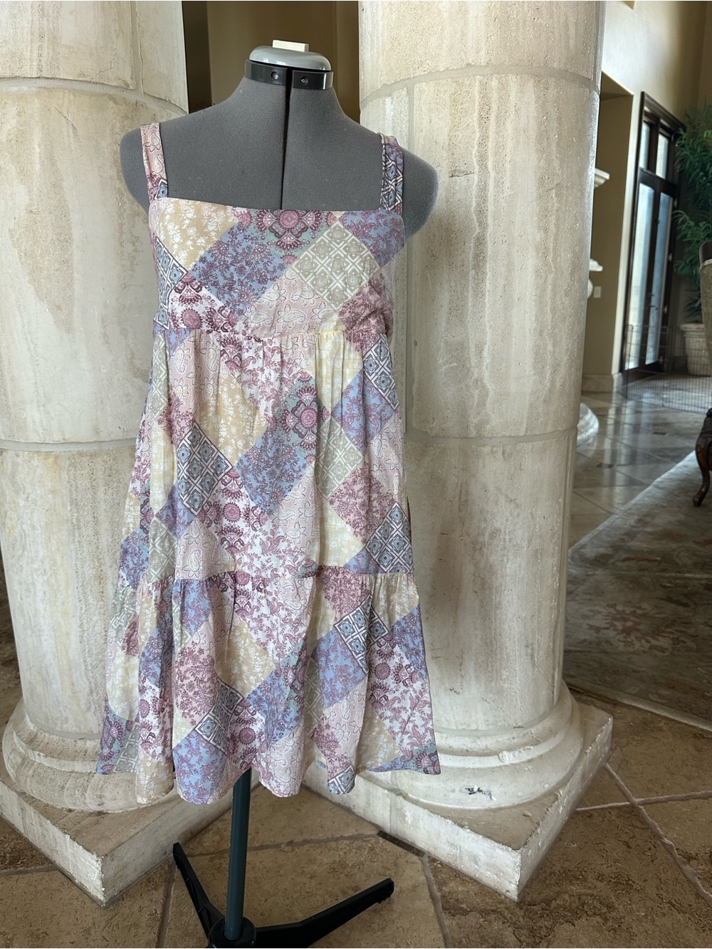 Lizard Thicket Patchwork Tiered Sundress - Lavender, Pale Yellow, Dusty Blue